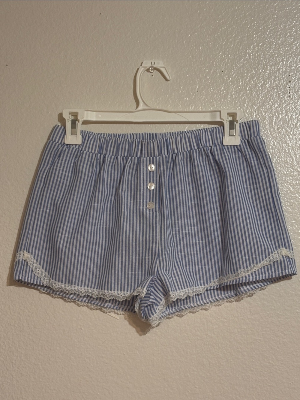 SHEIN Striped Blue Lace-Trim Shorts
